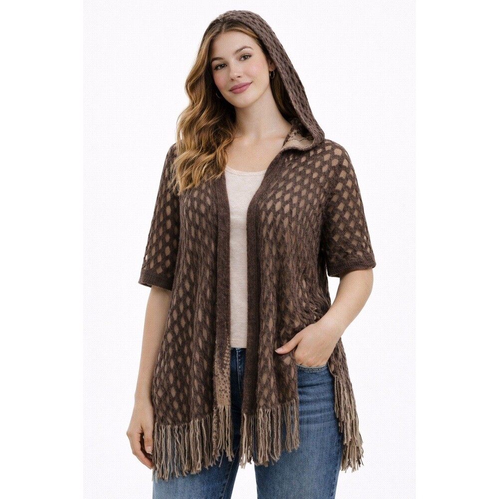 Max Edition S/M Brown Open Knit Hooded Fringe Boho Cardigan Sweater